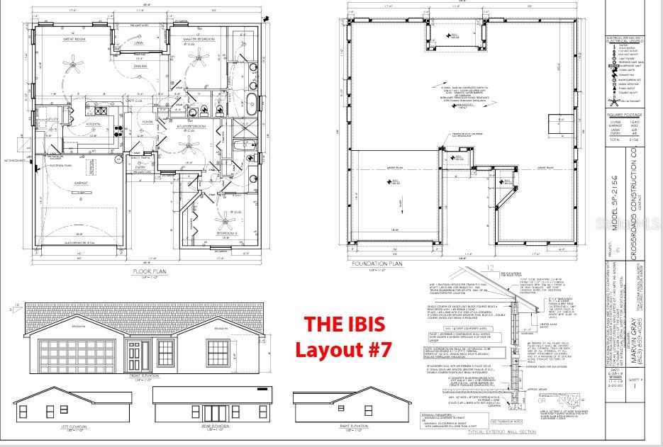 This architectural floor plan shows the layout, foundation, and exterior elevations for a residential home — 5909 CORMORANT COURT, LAKELAND, FL