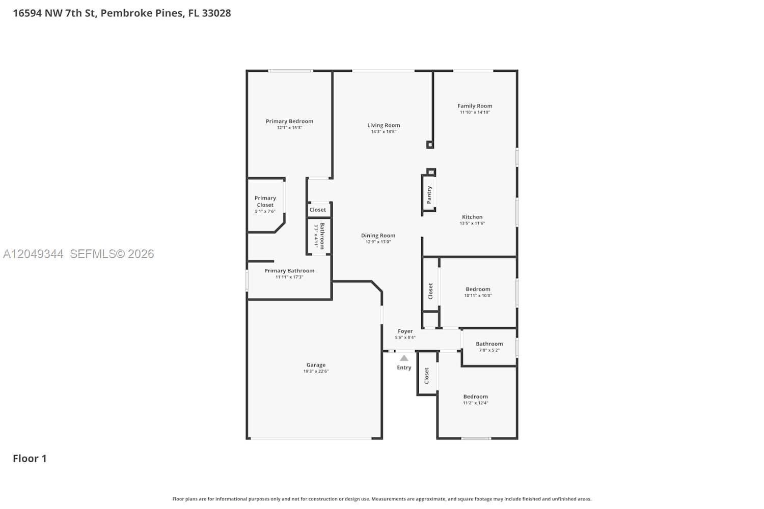 This is a floor plan for a single-story residential home with a garage — PEMBROKE PINES, FL