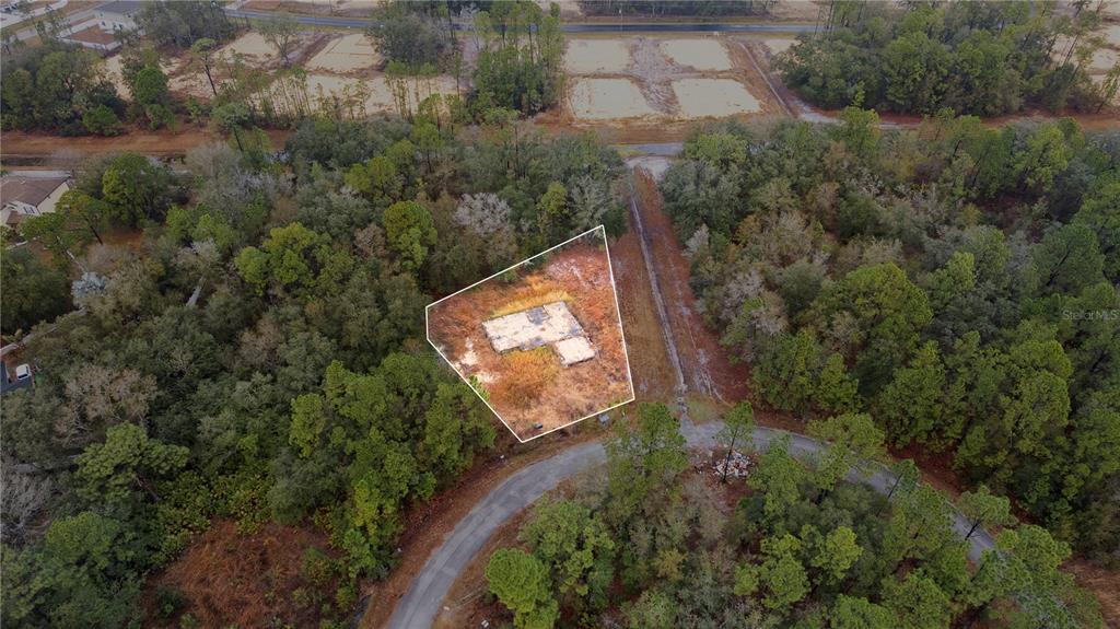 An aerial view shows a concrete foundation on a wooded lot near a paved road — 1443 TERN COURT, POINCIANA, FL