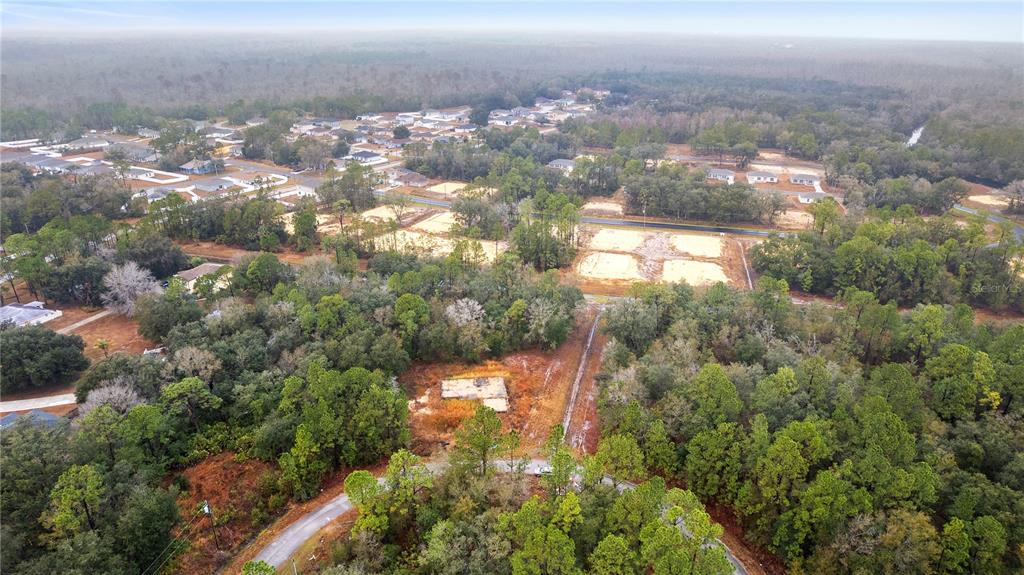 An aerial view shows a wooded residential area with several cleared lots and existing homes — 1443 TERN COURT, POINCIANA, FL