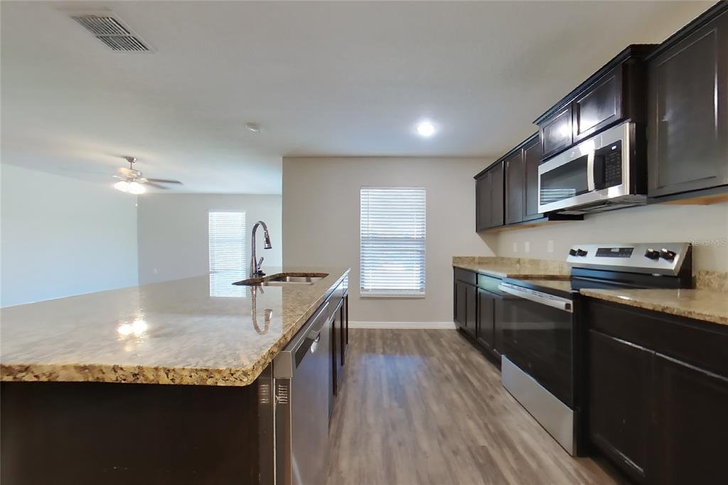 A kitchen features dark wood cabinets, granite countertops, stainless steel appliances, and wood-look flooring — 1744 CHATHAM GREEN CIRCLE, RUSKIN, FL