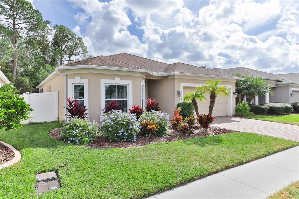 A single-story tan house with a paved driveway, a two-car garage, and landscaped front yard — 3849 BOURBON STREET, PORT ORANGE, FL