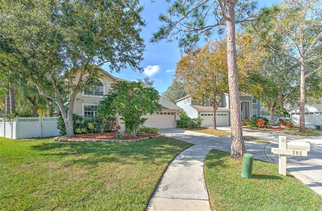 A two-story suburban house with a concrete driveway, a front lawn, and mature trees — 9205 CELEBRATION COURT, TAMPA, FL