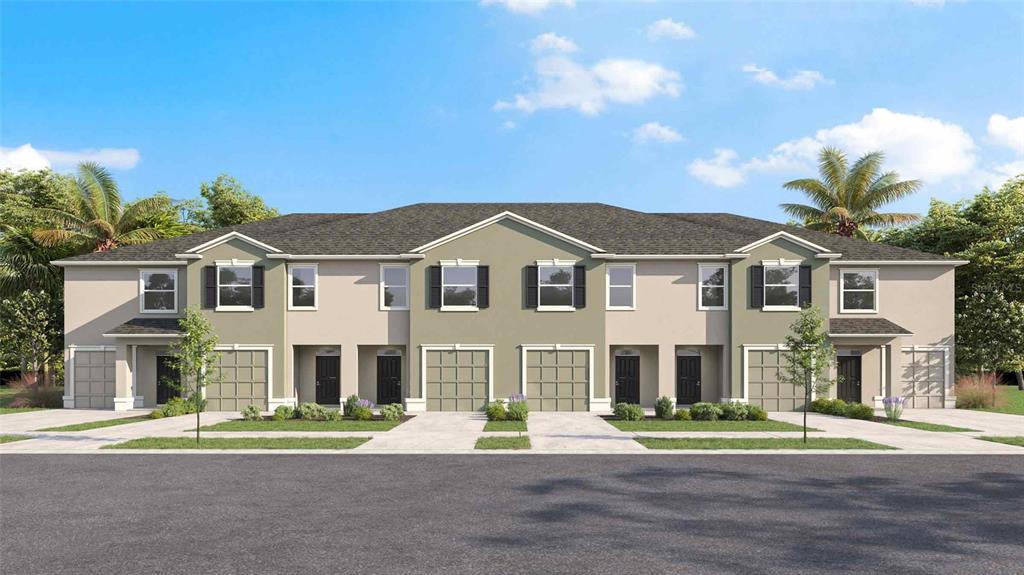 A digital rendering of a multi-unit townhouse building with beige and green exterior walls — 17314 SPANISH OAK LOOP, LAND O LAKES, FL