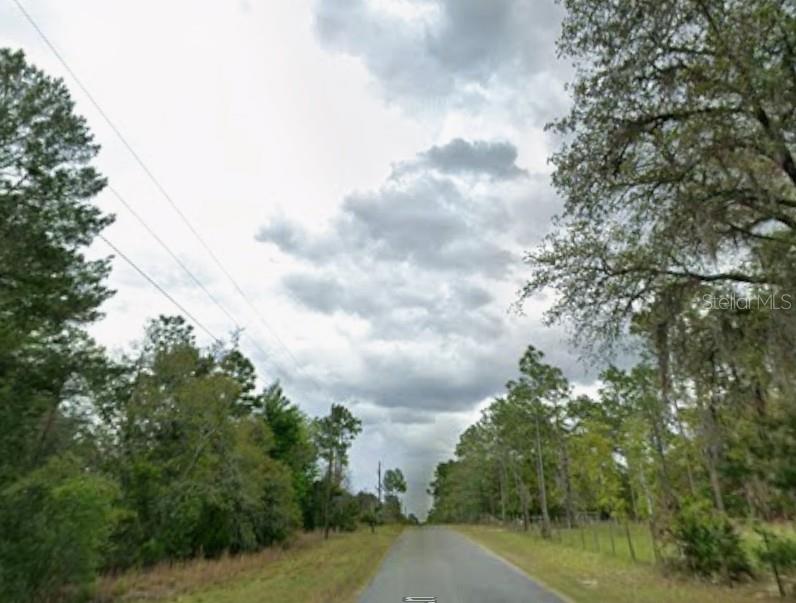 A paved road stretches into the distance between rows of trees under a cloudy sky — 5909 W STOCKHOLM LANE, DUNNELLON, FL
