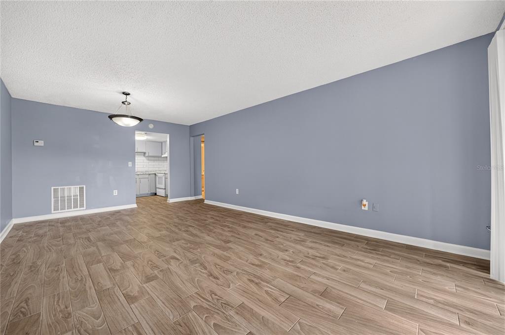 An empty room with light blue walls, wood-look tile flooring, and a ceiling light fixture — 4203 S. SEMORAN BLVD UNIT 12, ORLANDO, FL