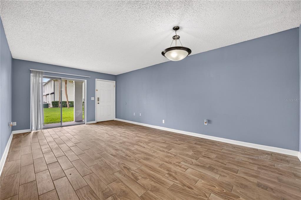 An empty living room features blue walls, wood-look tile flooring, a ceiling light, and sliding doors — 4203 S. SEMORAN BLVD UNIT 12, ORLANDO, FL