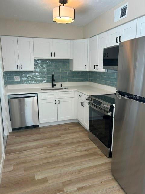 A kitchen features white cabinets, stainless steel appliances, and a blue subway tile backsplash — 3066 66TH WAY N, ST PETERSBURG, FL