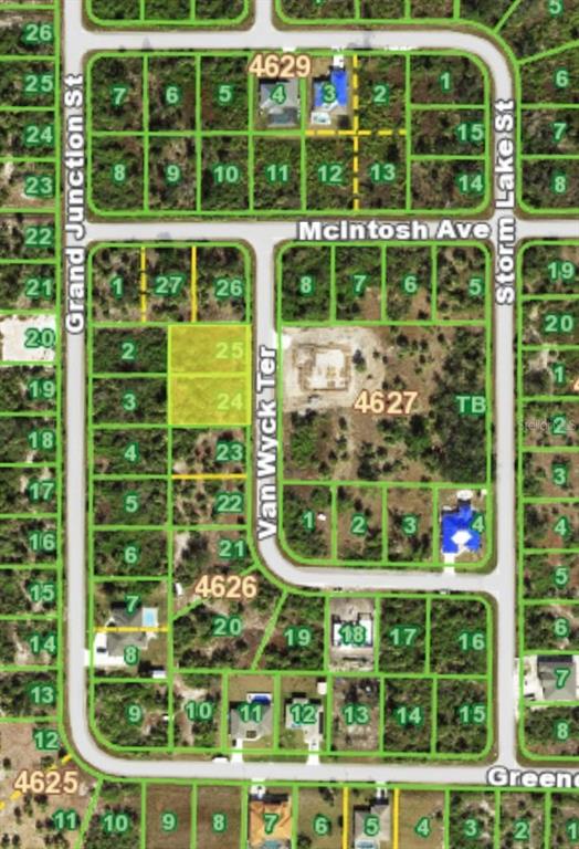 This is a satellite map showing residential lots and street layouts in a neighborhood — 10449 VAN WYCK TERRACE, PORT CHARLOTTE, FL