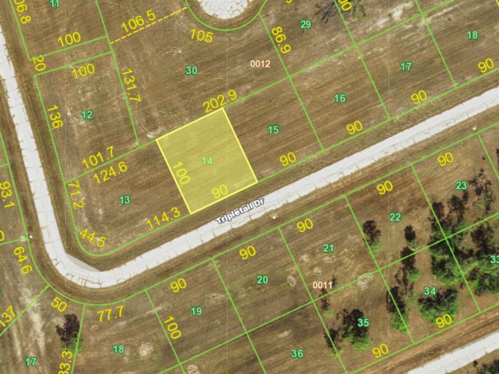 This is a satellite map showing a highlighted residential lot and surrounding property boundaries — 12394 TRIPLETAIL DRIVE, PLACIDA, FL