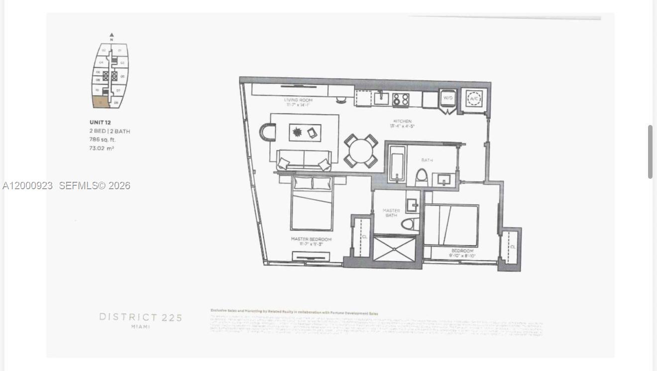 This is a floor plan for a two-bedroom, two-bathroom apartment unit — 225 N Miami Ave # 212, Miami FL 33128, MIAMI, FL