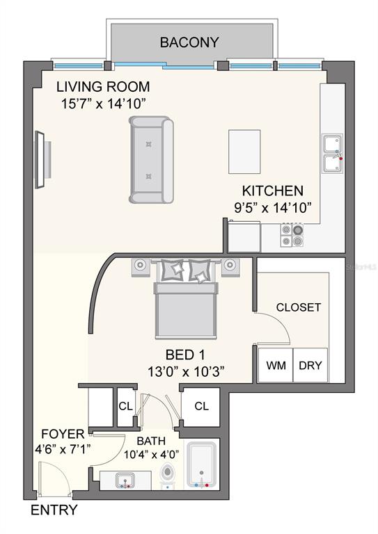 This floor plan shows a one-bedroom apartment with a living room, kitchen, balcony, and bathroom — 155 S COURT AVENUE UNIT 2008, ORLANDO, FL