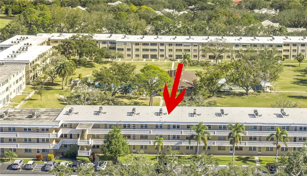 An aerial view shows a multi-story apartment building with a red arrow pointing toward it — 5095 BAY STREET NE UNIT 317, ST PETERSBURG, FL