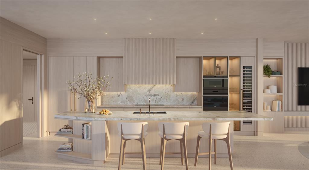 This is a rendering of a modern kitchen featuring light wood cabinetry and a stone island — 150 2ND AVENUE S UNIT 2804, ST PETERSBURG, FL