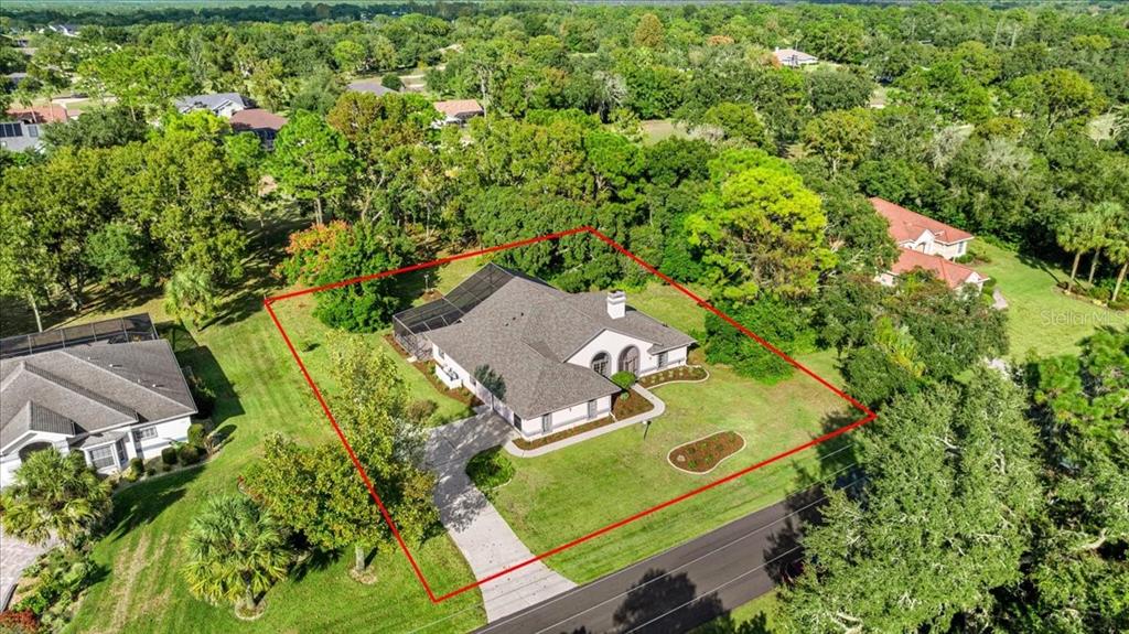 An aerial view shows a single-story house with a screened lanai and a paved driveway — 631 E LIBERTY STREET, HERNANDO, FL