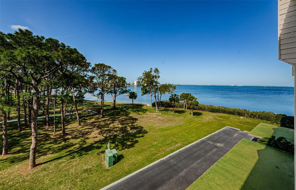 An elevated view of a grassy lawn, pine trees, and a bay under a clear sky — 2700 BAYSHORE BOULEVARD UNIT 11307, DUNEDIN, FL