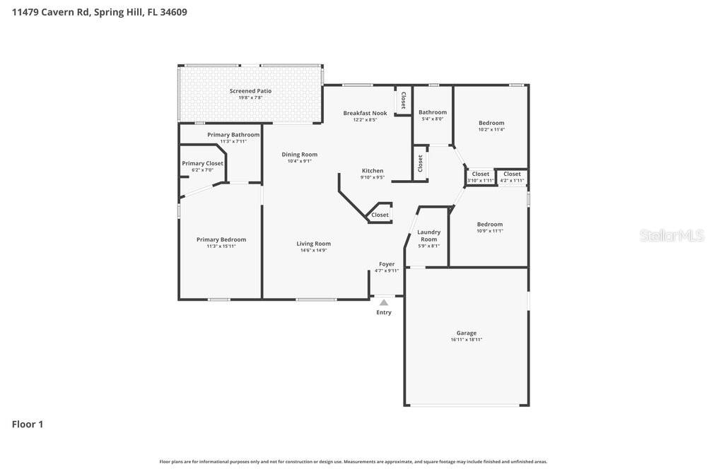 This is a floor plan for a single-story house with a garage and screened patio — 11479 CAVERN ROAD, SPRING HILL, FL