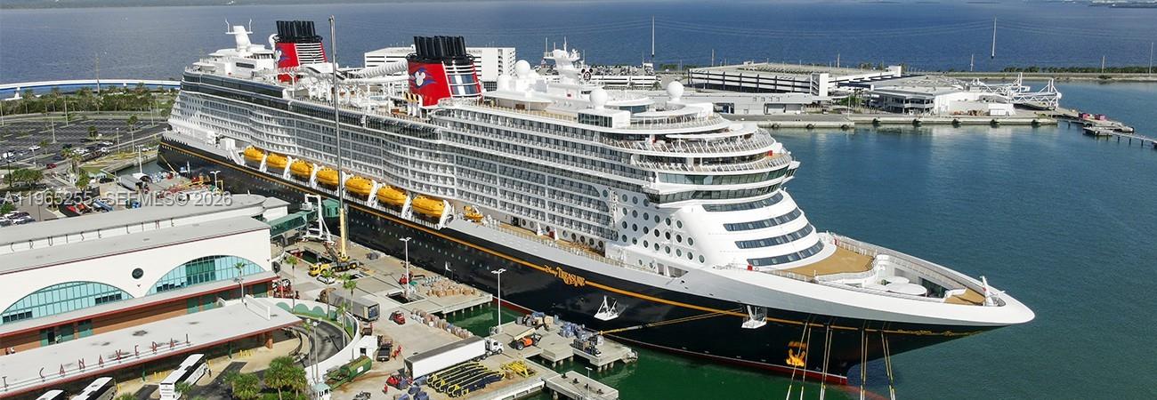 An aerial view of a large Disney cruise ship docked at a port terminal — 395 Williams Point Blvd, Cocoa FL 32927, COCOA, FL