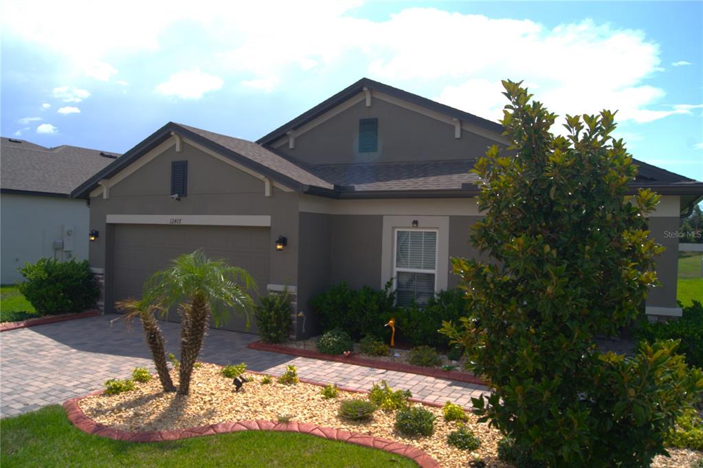 A single-story house with a two-car garage, paved driveway, and landscaped front yard — 12407 HILLTOP FARMS DRIVE, DADE CITY, FL