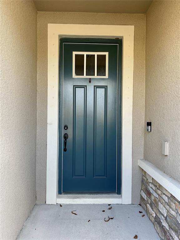 A teal front door with a small window sits within a white frame on a porch — 13205 ORCA SOUND DRIVE, RIVERVIEW, FL