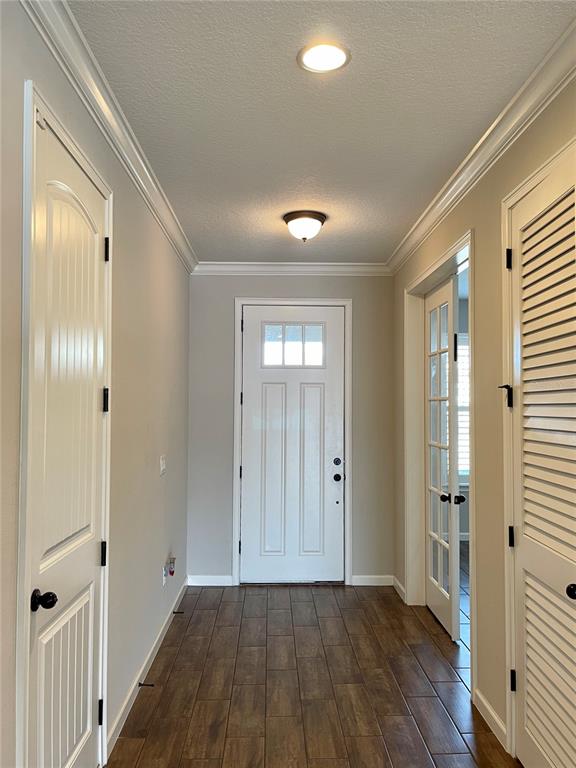 An entryway with wood-look tile flooring, a white front door, and two interior doors — 13205 ORCA SOUND DRIVE, RIVERVIEW, FL