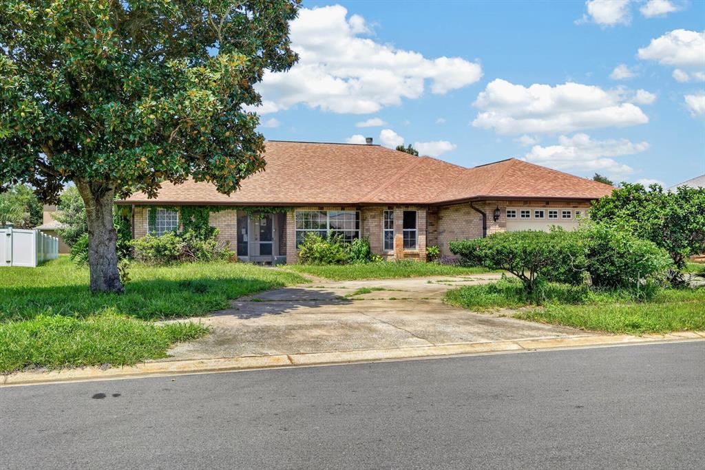 A single-story brick house with a brown shingled roof, a driveway, and a large tree — 1624 PICCADILLY DRIVE, DAYTONA BEACH, FL