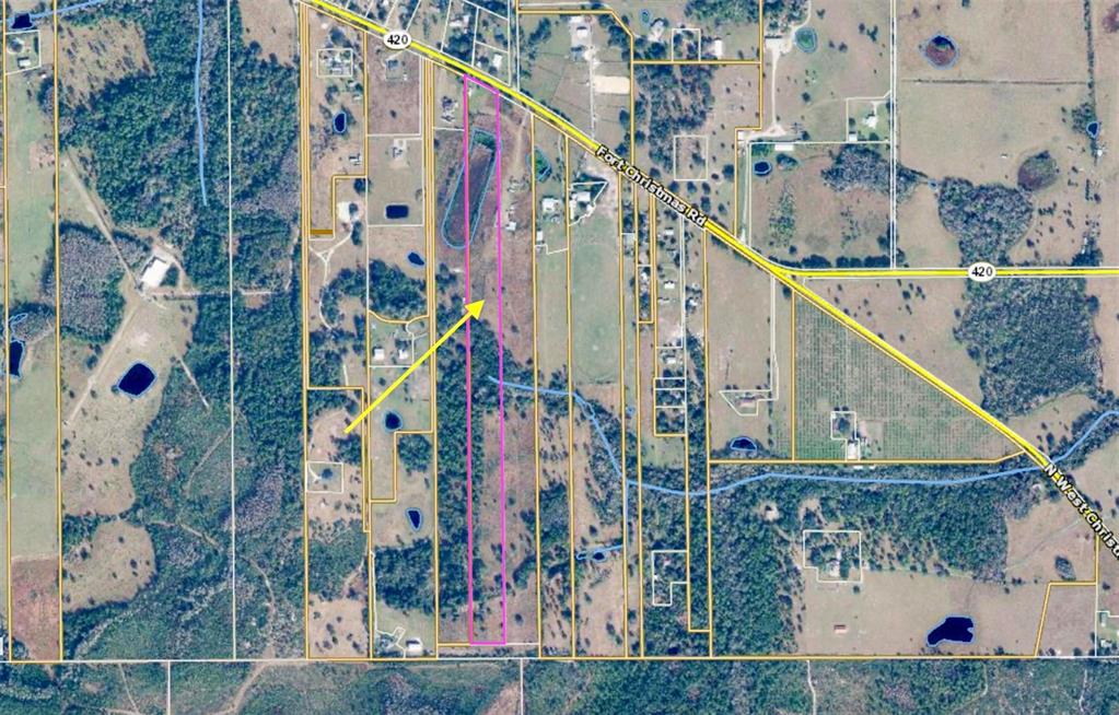 An aerial map view highlights a long, narrow rectangular parcel of land outlined in pink — LOT 9 FORT CHRISTMAS ROAD, CHRISTMAS, FL