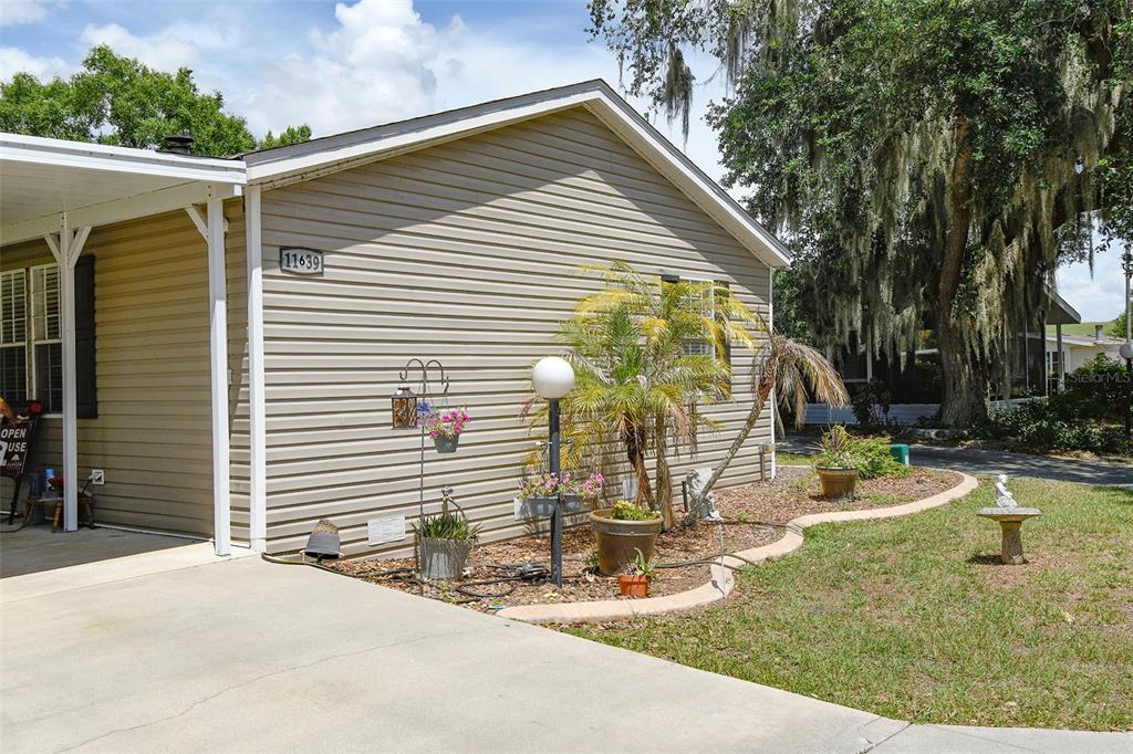 A tan-sided house with a carport, a small garden bed, and a palm tree — 11639 MARTELL COURT, LEESBURG, FL