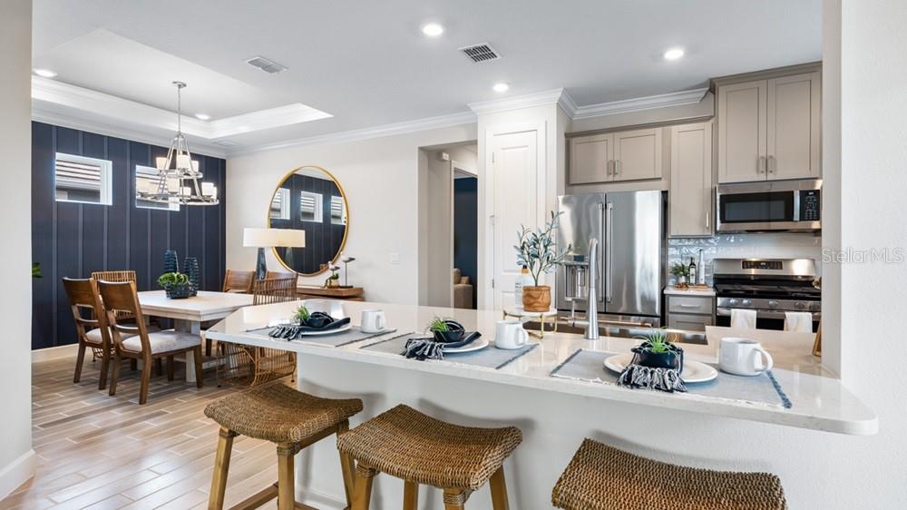 A kitchen with a breakfast bar, stainless steel appliances, and an adjacent dining area — 3867 FRACCARETA WAY, WESLEY CHAPEL, FL