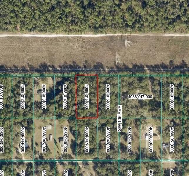 This is an aerial map showing a highlighted rectangular land parcel among surrounding wooded lots — Tract 15 SW 150TH STREET, DUNNELLON, FL