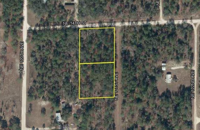 An aerial map view shows two adjacent rectangular wooded lots bordered by dirt roads — 0 NE 121ST AVENUE, WILLISTON, FL