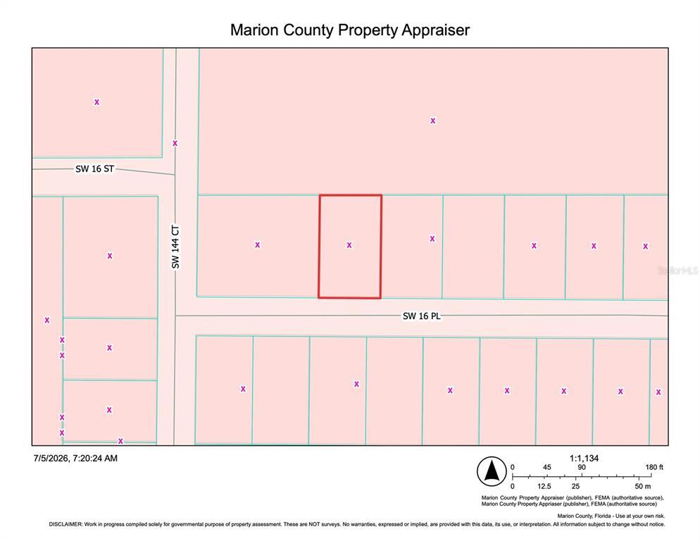 This is a property map showing a highlighted parcel of land in Marion County, Florida — TBD SW 16TH PL, OCALA, FL