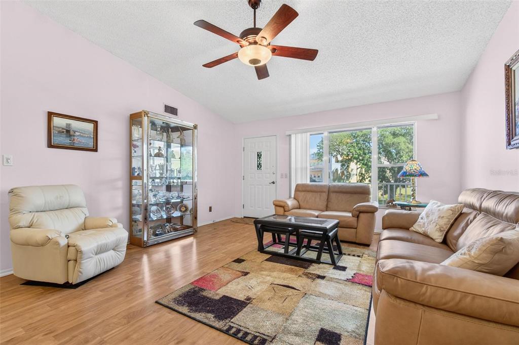 A living room features light pink walls, wood-look flooring, a ceiling fan, and leather furniture — 2220 SWEDISH DRIVE UNIT 36, CLEARWATER, FL