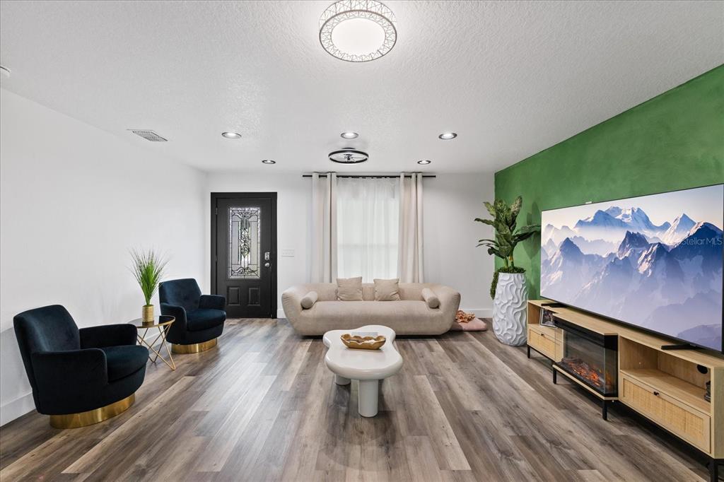 A living room features a green accent wall, a large television, and dark blue armchairs — 3209 E HANNA AVENUE, TAMPA, FL