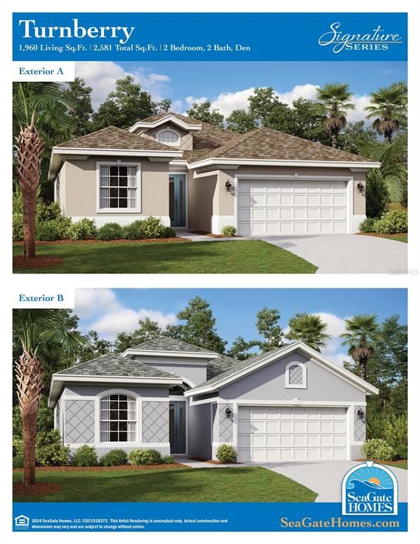 This is a rendering showing two exterior design options for a single-story residential home — 17 MARLIN DRIVE, PALM COAST, FL