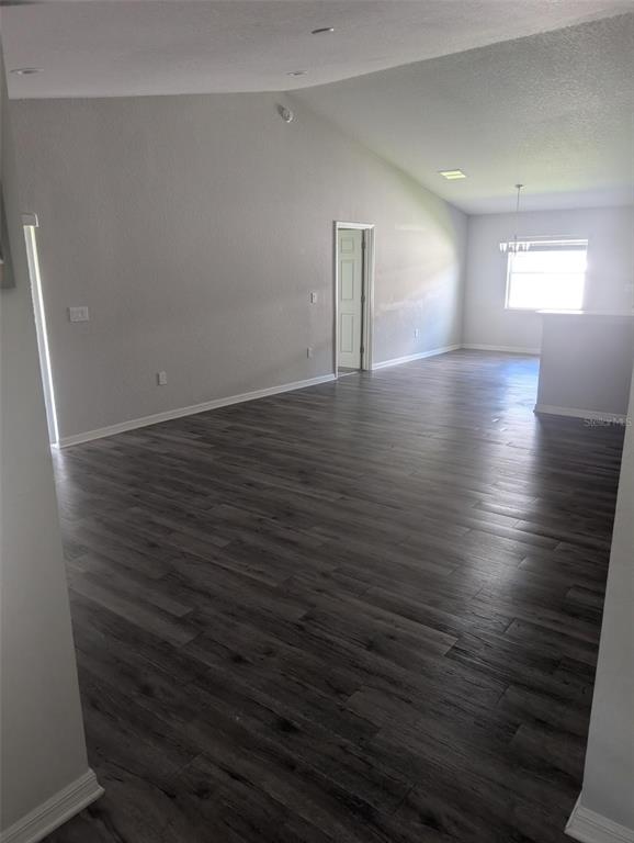 An open-concept living area features gray walls, vaulted ceilings, and dark wood-look plank flooring — 3902 WHITE IBIS ROAD, LAKELAND, FL