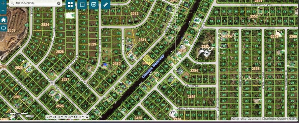 This is a digital map showing residential land parcels and street layouts in Charlotte County — 324 CORY STREET, PORT CHARLOTTE, FL