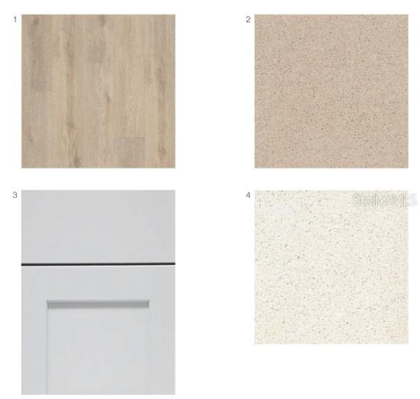 This image displays a collage of four interior design material samples, including flooring and countertops — 383 CORNERSTONE DRIVE, GROVELAND, FL