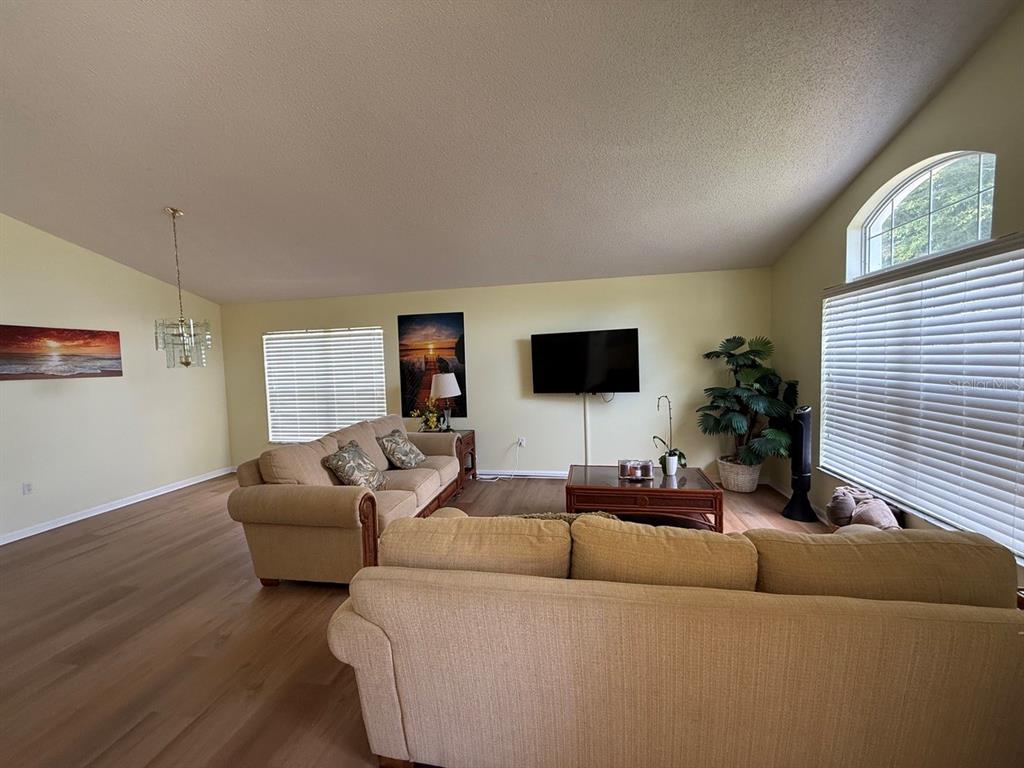 A living room features two beige sofas, a coffee table, a television, and wood flooring — 318 LANGHAM DRIVE, DAVENPORT, FL