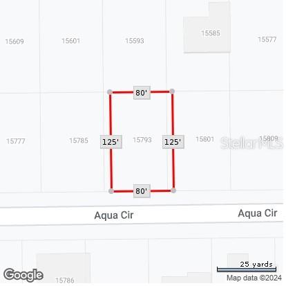 This is a map showing the rectangular property boundaries and dimensions of a vacant lot — 15793 AQUA CIRCLE, PORT CHARLOTTE, FL