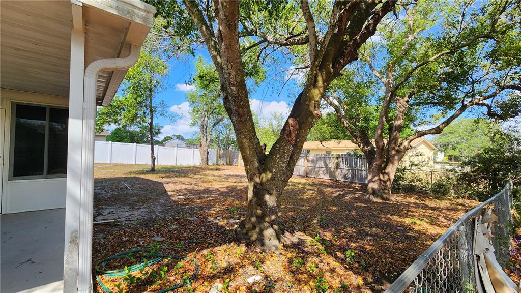 A backyard features large trees, a chain-link fence, and a white privacy fence — 4518 YORKSHIRE AVENUE, SPRING HILL, FL