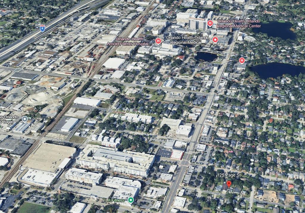 This aerial map view shows a residential property in relation to nearby hospitals and businesses — 125 PAGE STREET, ORLANDO, FL