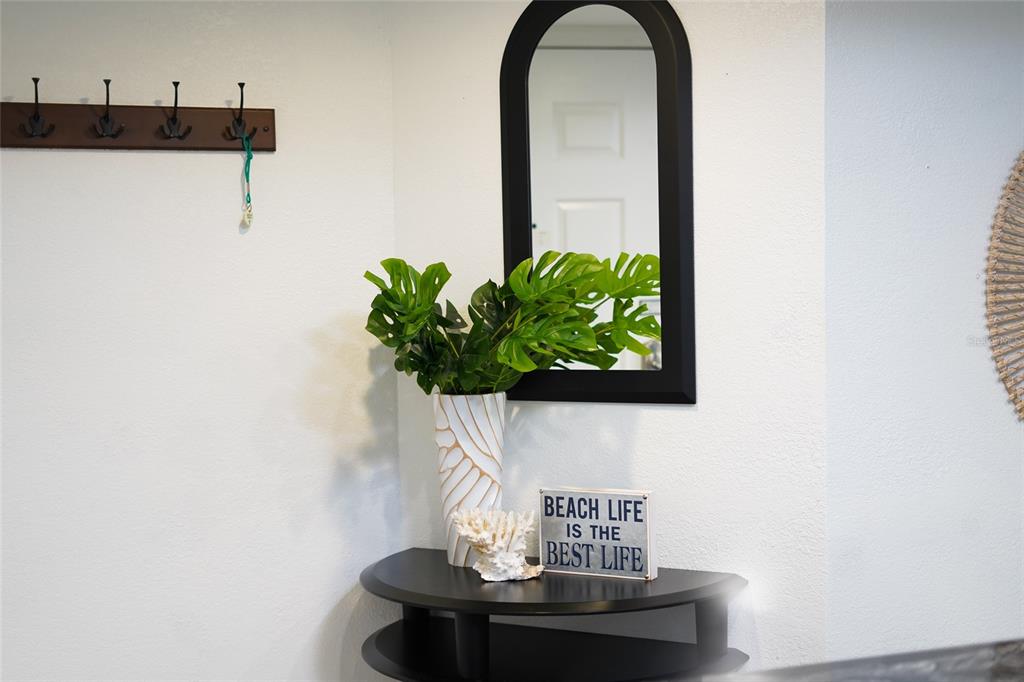 A black half-moon table sits below a wall mirror and a wooden coat rack — 19931 GULF BOULEVARD UNIT D2, INDIAN SHORES, FL