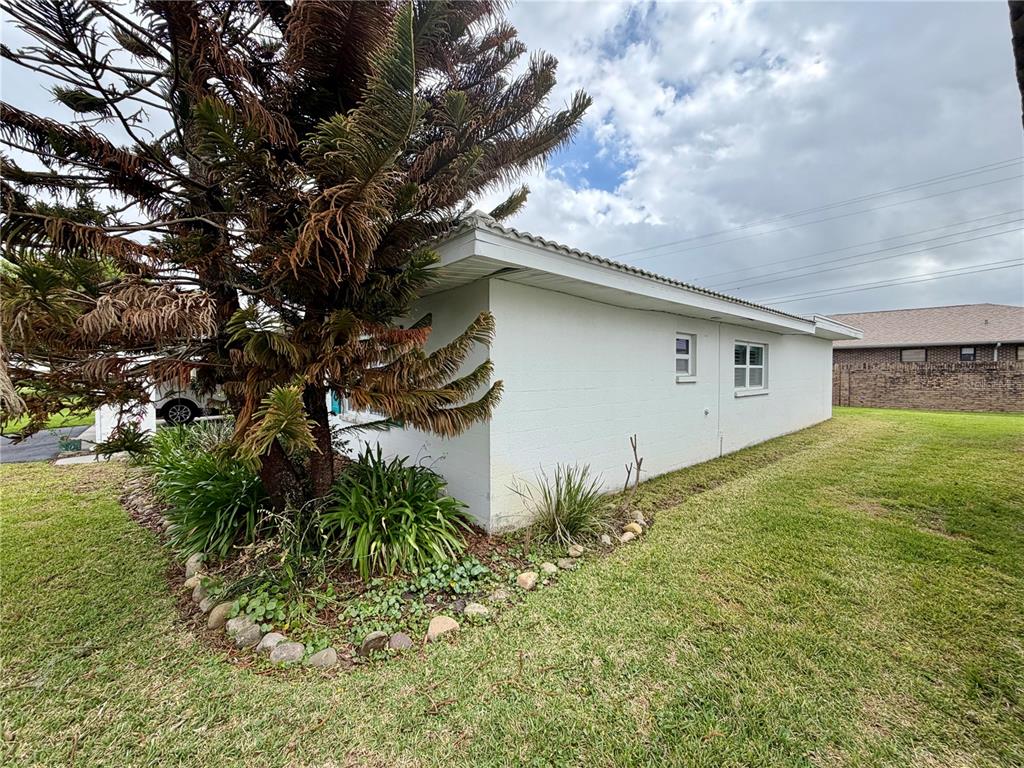 A white, single-story house exterior with a large evergreen tree and a grassy lawn — 524 CAMEO DRIVE, LAKELAND, FL
