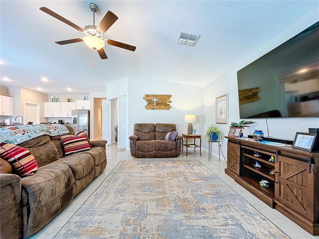 A living room features brown reclining furniture, a large television, and a patterned area rug — 197 RAIN BERRY AVENUE, RUSKIN, FL