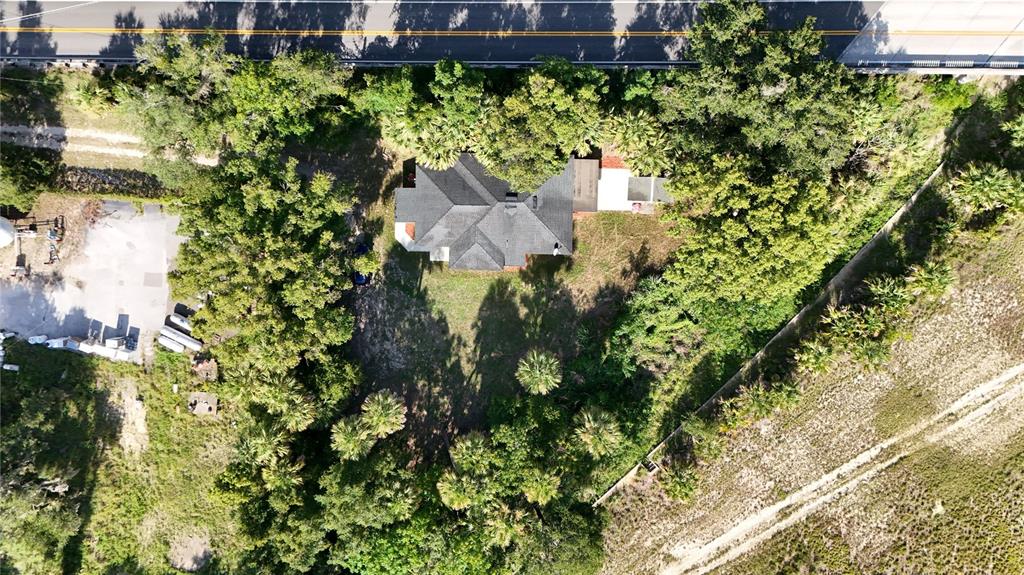An aerial view shows a house surrounded by trees next to a road and field — 709 S HIGHLAND STREET, MOUNT DORA, FL