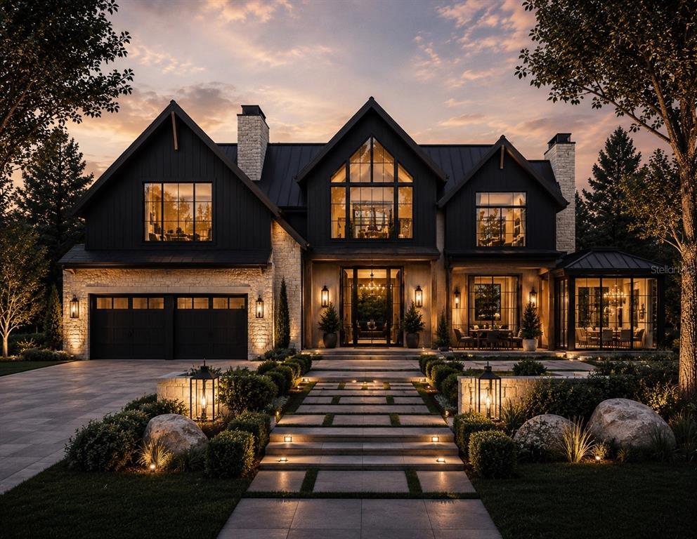 This is a rendering of a two-story modern farmhouse with stone accents and black trim — 2935 W LAWN AVENUE, TAMPA, FL