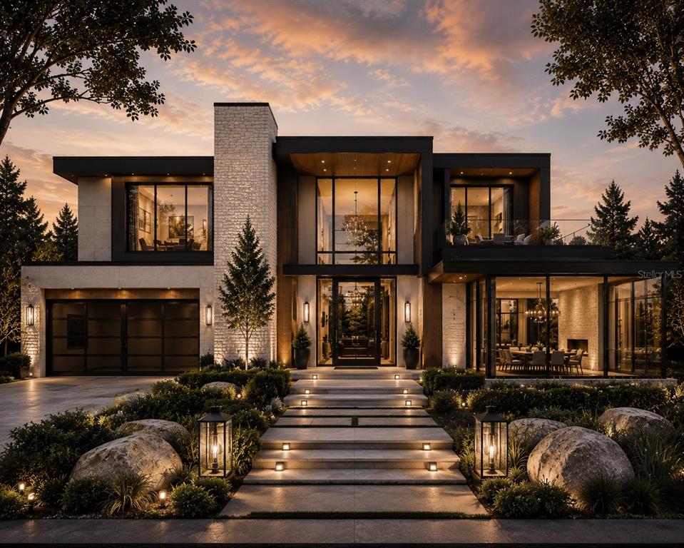 This is a rendering of a modern two-story house with stone accents and glass walls — 2935 W LAWN AVENUE, TAMPA, FL
