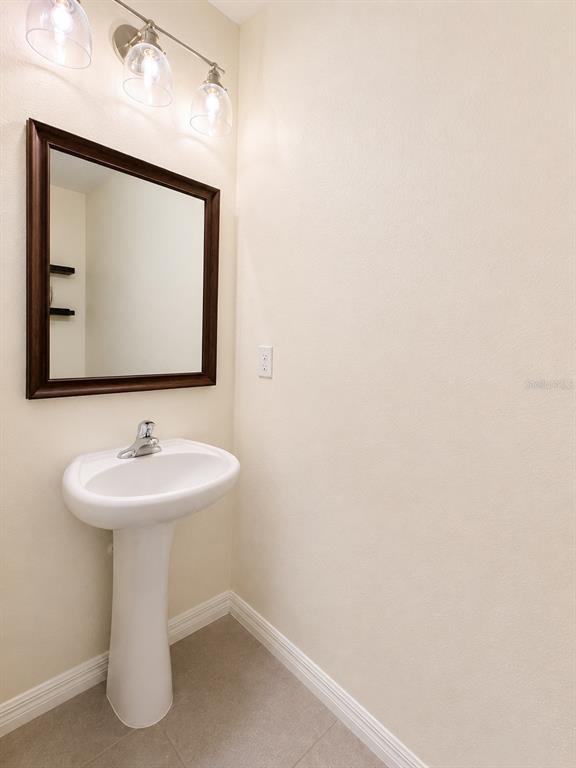 A powder room features a pedestal sink, a dark-framed mirror, and a three-light vanity fixture — 809 LUCENT SANDS COURT, BRANDON, FL