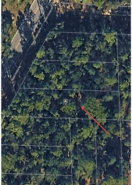 An aerial map view shows a wooded residential lot marked with a property pin — 606 BADEN POWELL ROAD, HAWTHORNE, FL